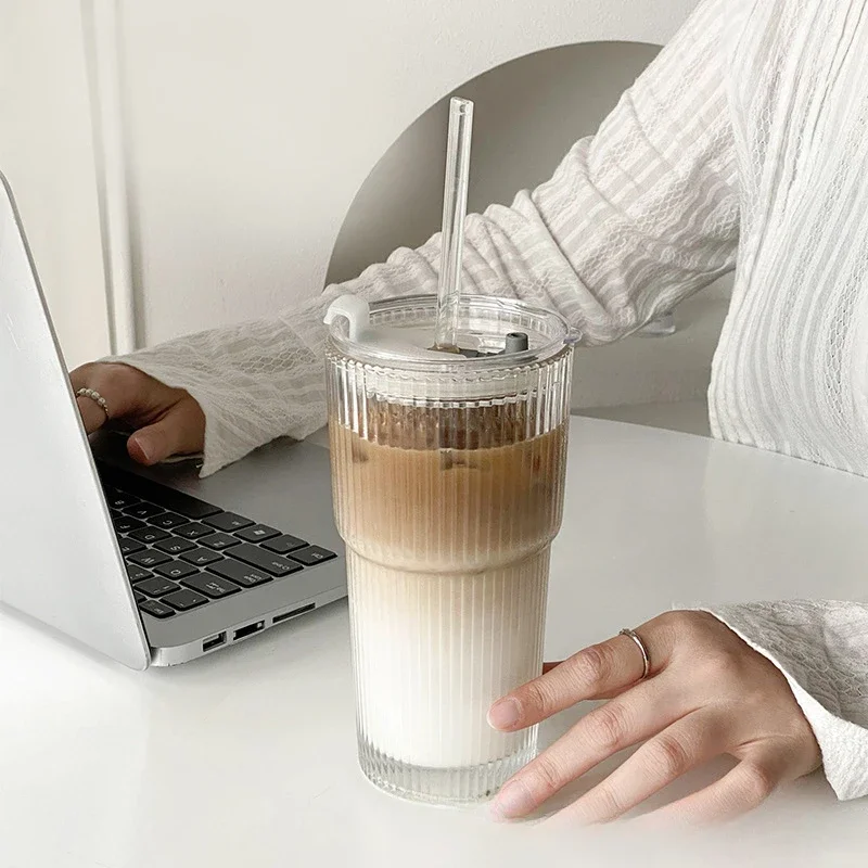 

Glass Cup with Lid Drinking Straw Kitchen Dining Bar Drinkware Iced Coffee Vintage Transparent Water Tea Milk Juice Mugs Cup