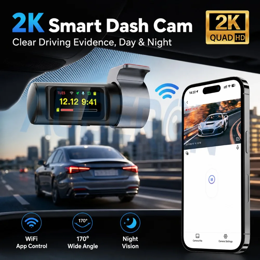 2K Dash Cam Car Camera Recorder WiFi Driving Recorder with APP Control 170° Car DVR Night Vision HDR WDR Loop Recording G Sensor
