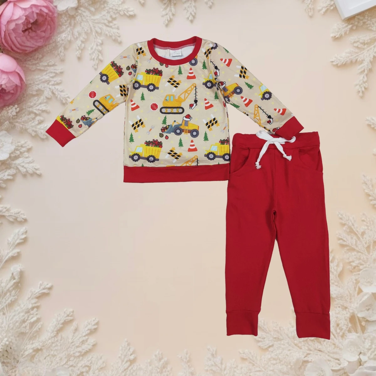 

Baby Boy Christmas Outfit Kids Long Sleeve Sets Cozy Toddler Pullover Excavators Hats Top Pockets Legging Pant Children Clothing