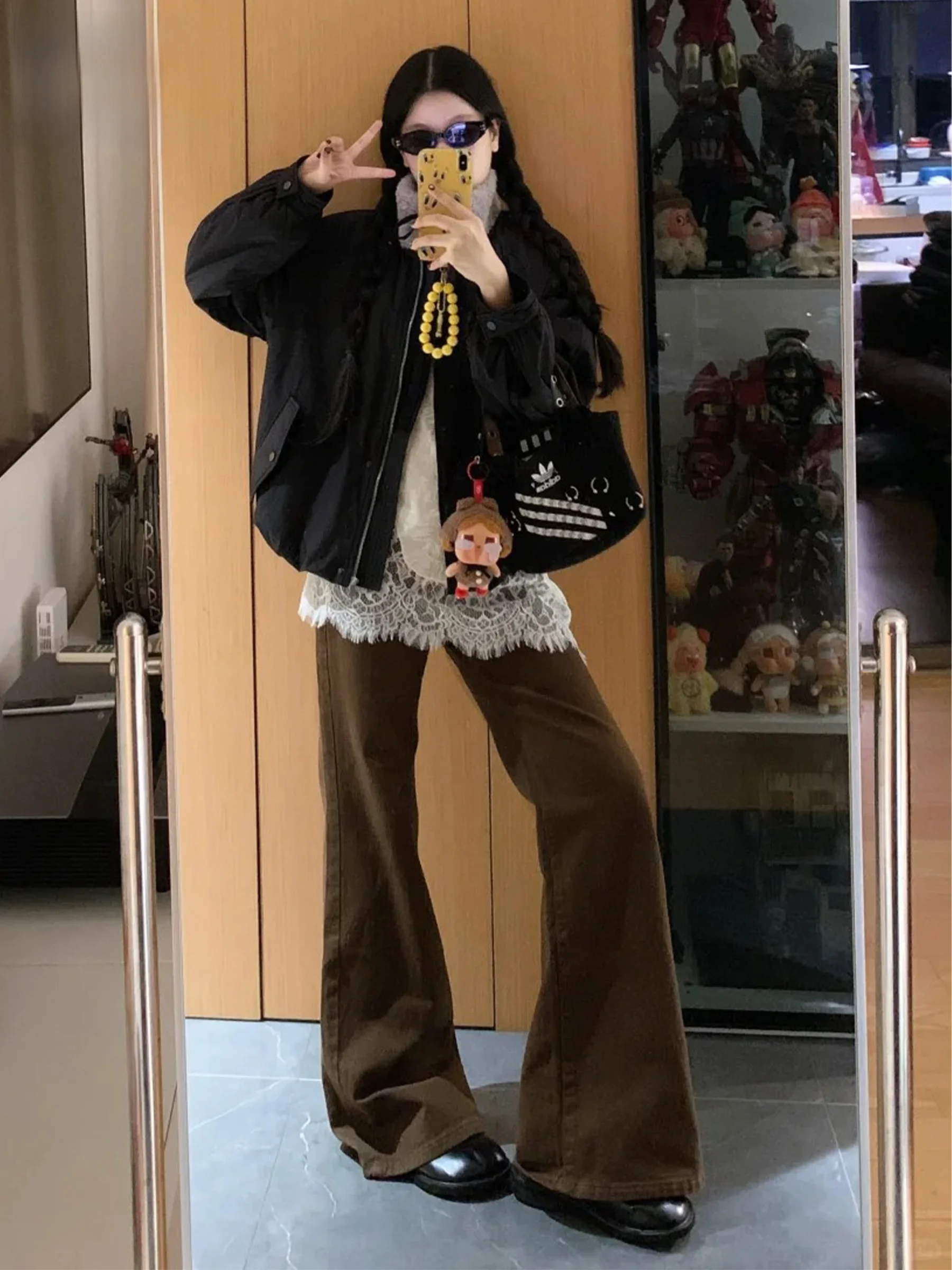 

Low Waist Bell Bottom Denim Jeans Women's Coffee Color American Style Summer Loose Wide Leg Pants Casual Loose Fit Jeans
