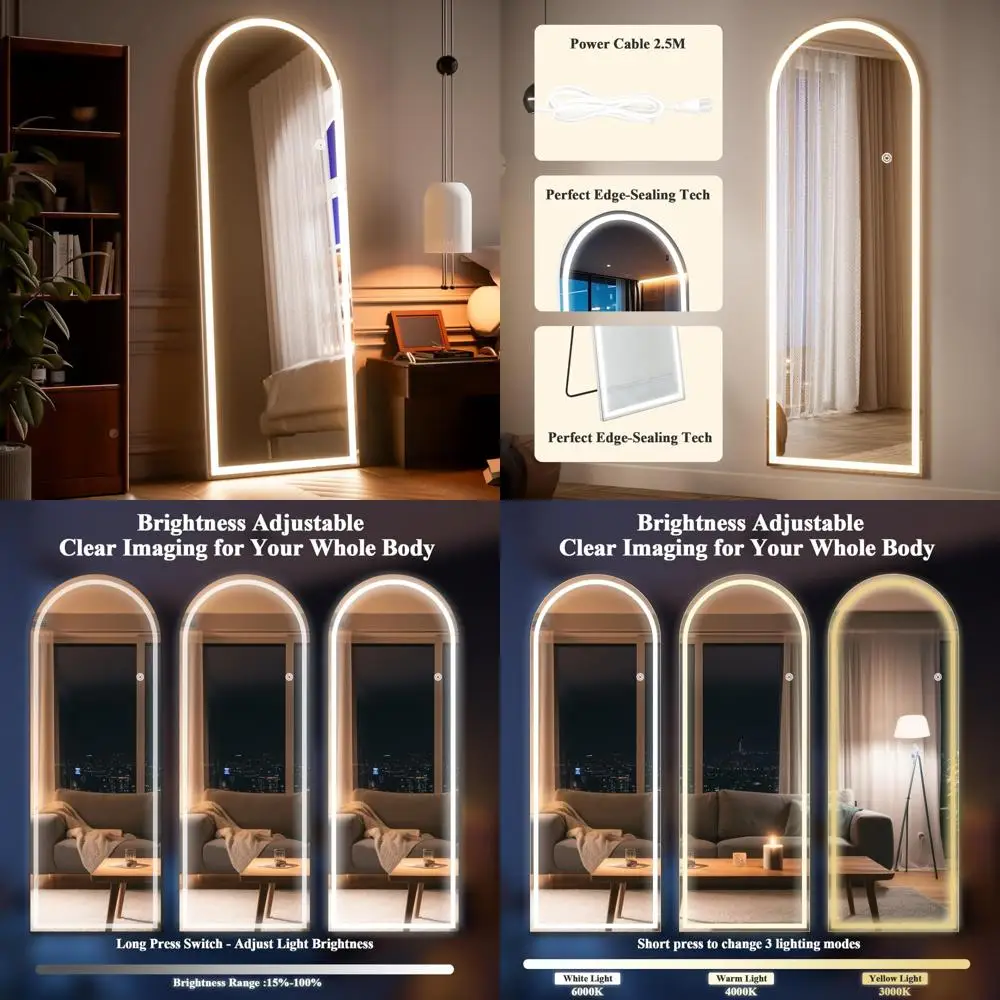 مرآة مقوسة بإضاءة LED كاملة الطول مع 3 ألوان، قائمة على الأرض لغرفة النوم أو غرفة الملابس #1