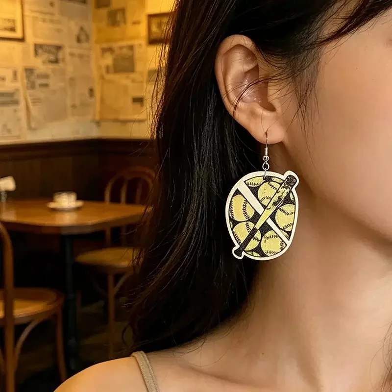 New Wood Retro Baseball Trendy Dangle Earrings, Vintage Sport Statement Jewelry Hot Sale