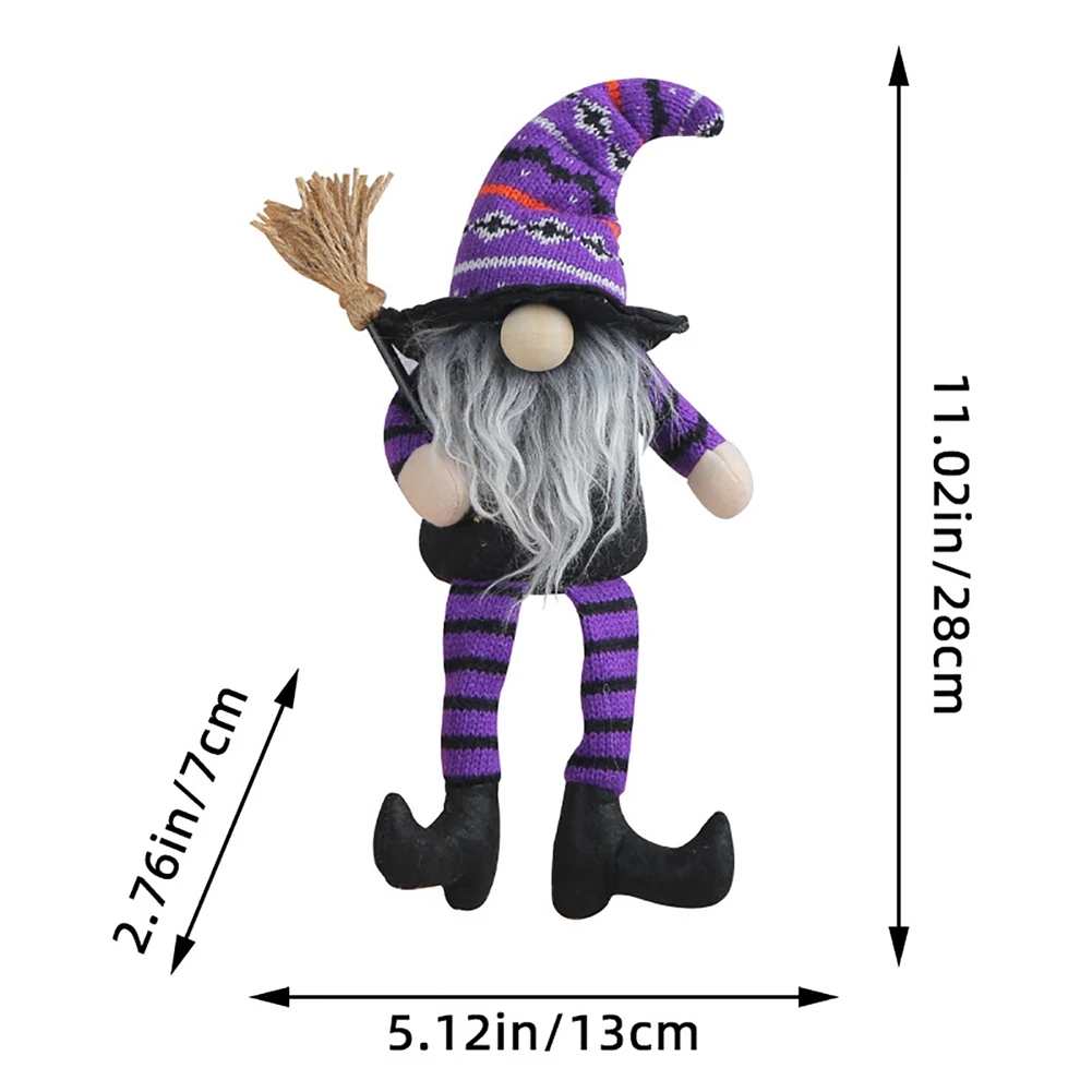 Halloween Long Legs Faceless Witch Doll Ornament Broomstick Witch Striped Hat Witch Doll Tabletop Holiday Ornament