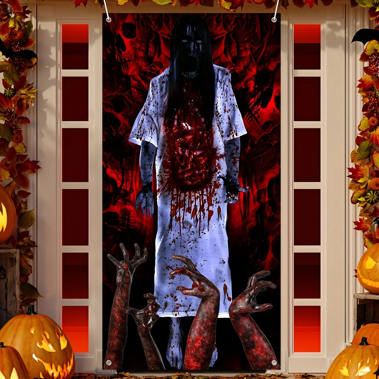 Cubierta de puerta espeluznante para Halloween, pancarta de fiesta, decoraciones de puerta de fantasma Horrible para mujeres, fantasma espeluznante con huella de mano sangrienta, silueta aterradora