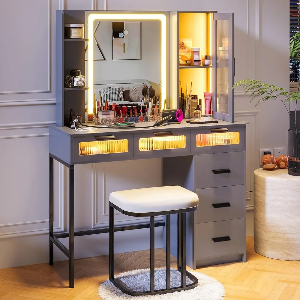 Makeup Vanity with Lights, Vanity Makeup Desk with Charging Station, LED Vanities Table Set with Mirror, Vanitys Dressing Table