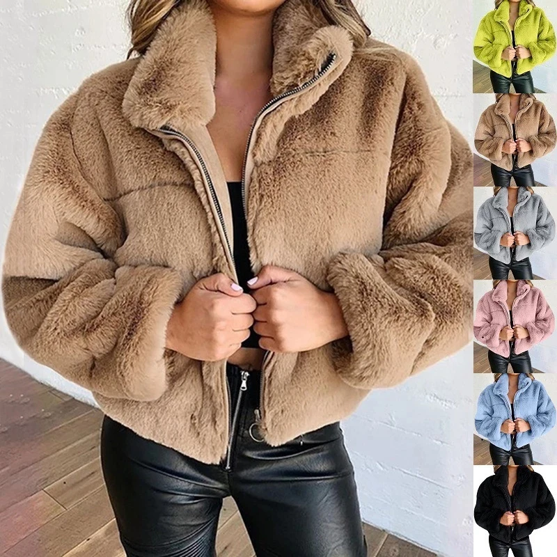 2023 Frauen Herbst Winter flauschige warme weiche Jacken lässig Langarm Damenmode Outwear Kunst pelz Reiß verschluss Plüsch Kurz mantel