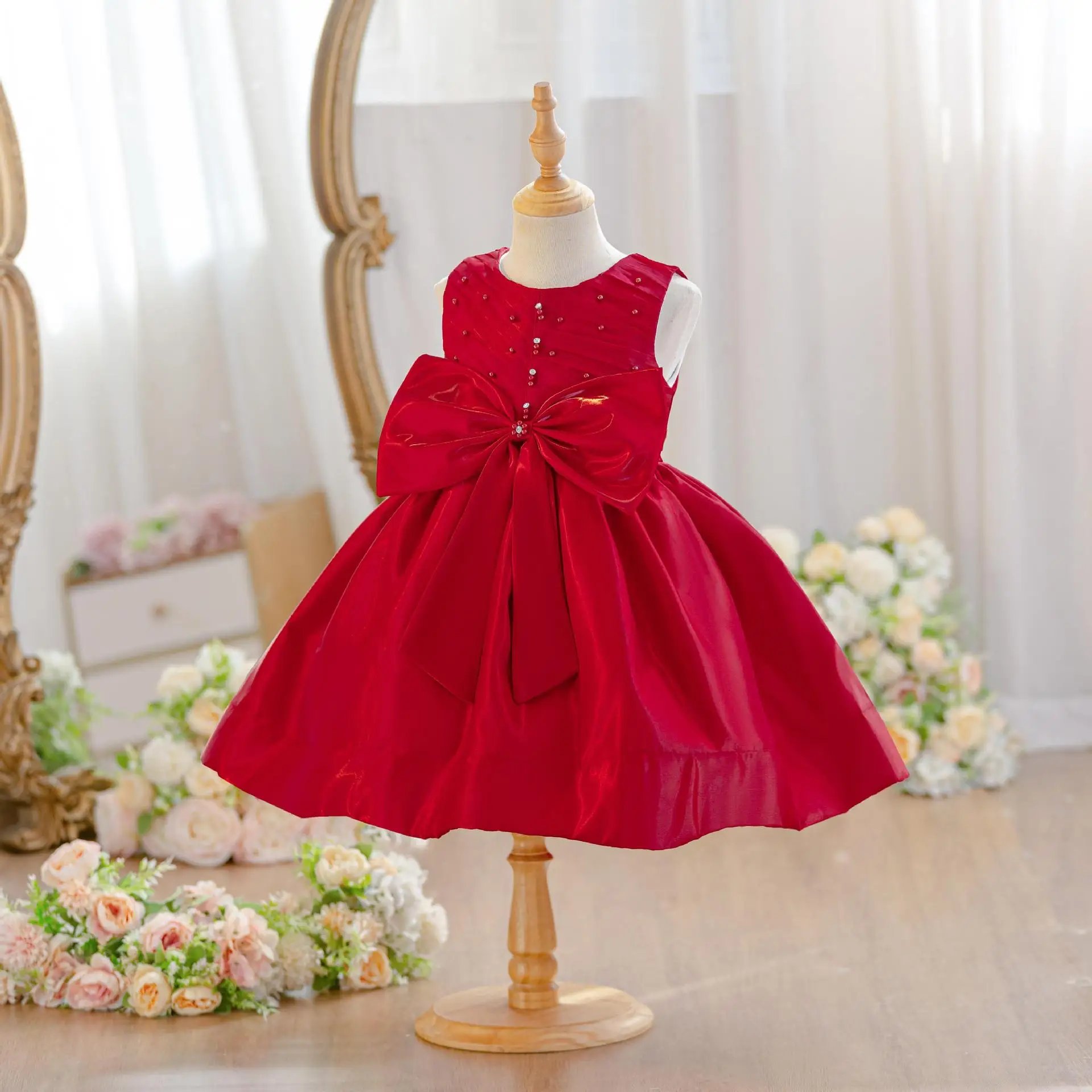 HETISO Baby Girl Party Dress with Big Bow Beading Kids First Bridesmaid Birthday Princess Ball Gown Gala Wedding Costume
