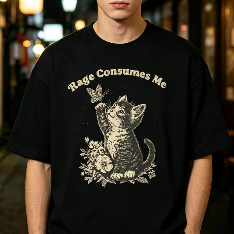 Men “Rage Consumes Me” Cat Butterfly Floral Graphic T-Shirt 100% Cotton Regular Fit Short Sleeve Tees Casual Streetwear Tops