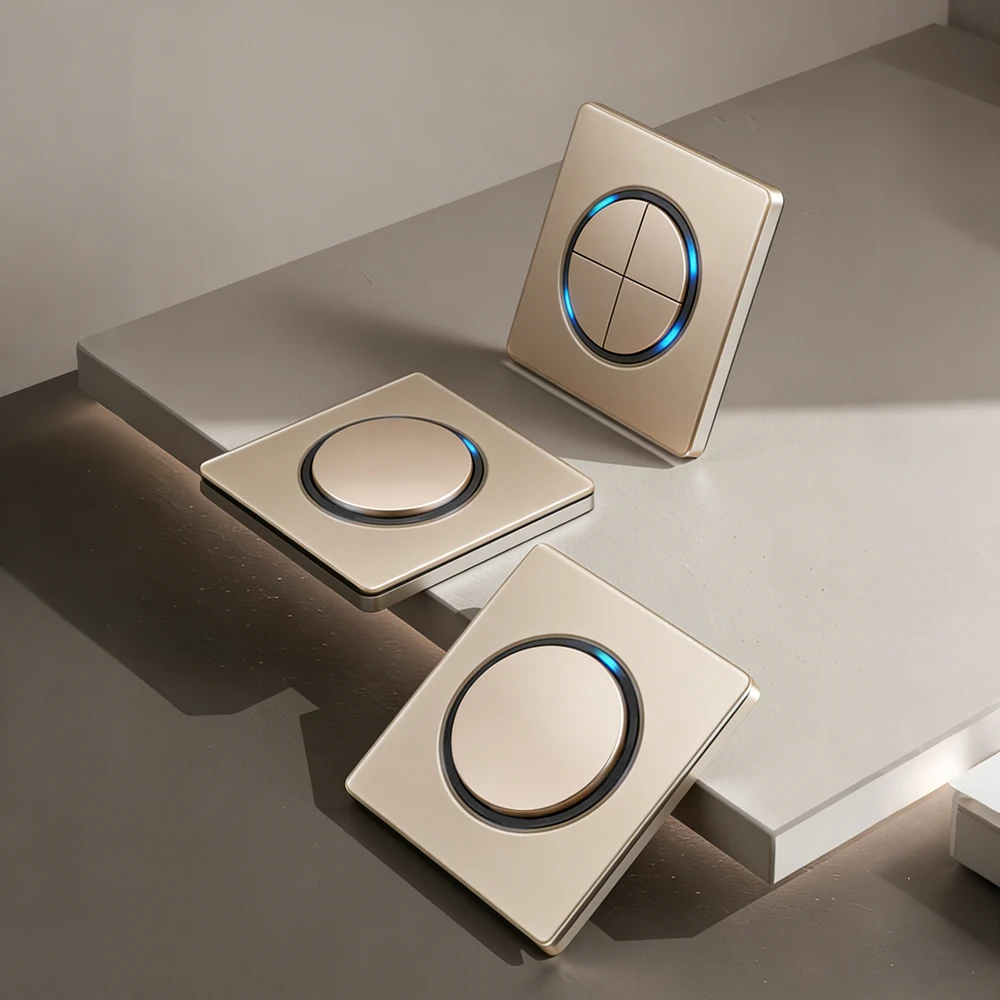 

Выключатель света из закаленного стекла с LED-подсветкой, европейская розетка 16А, стандарт ЕС/Великобритания, 1-4 клавиши, поддержка быстрой зарядки USB-C, золотистый цвет.