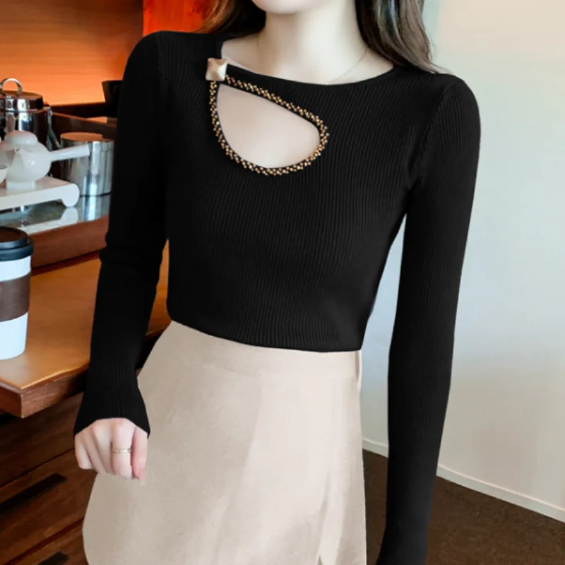 

Осень-зима вязаный свитер с жемчугом, ажурный дизайн, пуловеры, тонкие топы, рубашки с длинными рукавами, женская одежда, трендовые топы