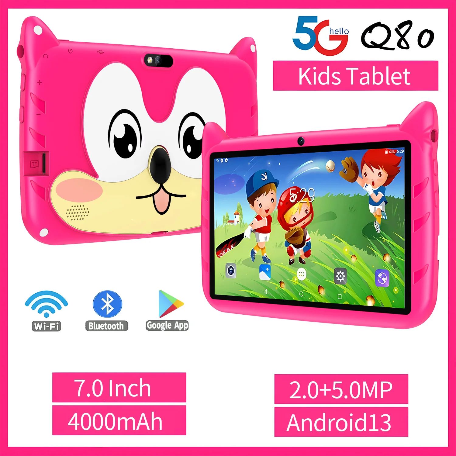 BDF 7 Inch Kids Tablet Kids Toys Quad Core Update Android 13 OS Dual Camera 32GB WiFi Bluetooth Educational Software Installed