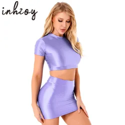 Womens Glossy Two-piece Outfit Oil Shiny Smooth High Waist Mini Skirt with Tank Top Nightclub Rave Outfit Pole Dancing Clubwear