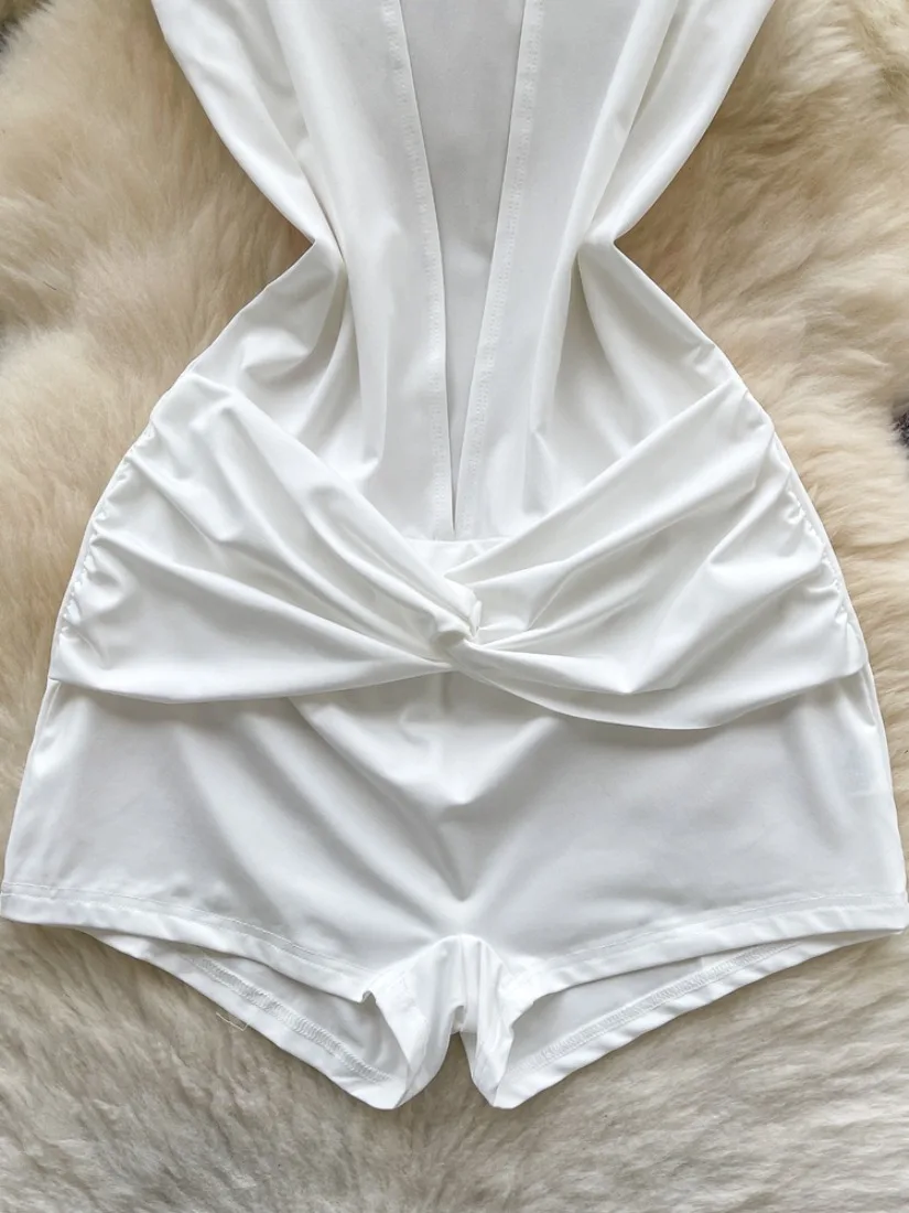 Foamlina-mono ajustado trenzado para mujer, traje Sexy de calle europea con escote en V profundo, pantalones informales de manga corta, verano