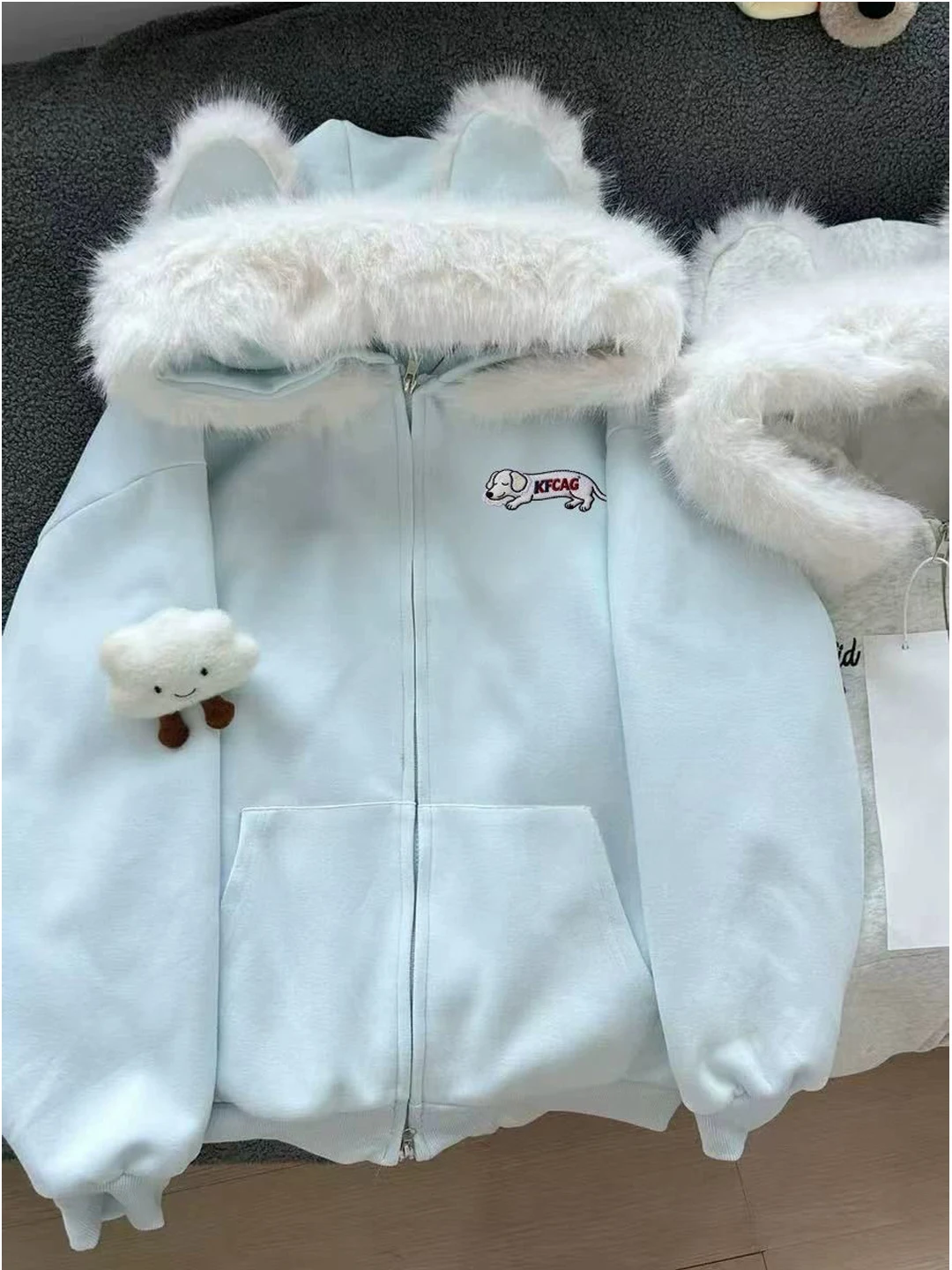

Cute Ear Fur Collar Thickened Long Sleeve Hoodie Women's Autumn Winter Casual Outerwear Top High Waist Loose Fit