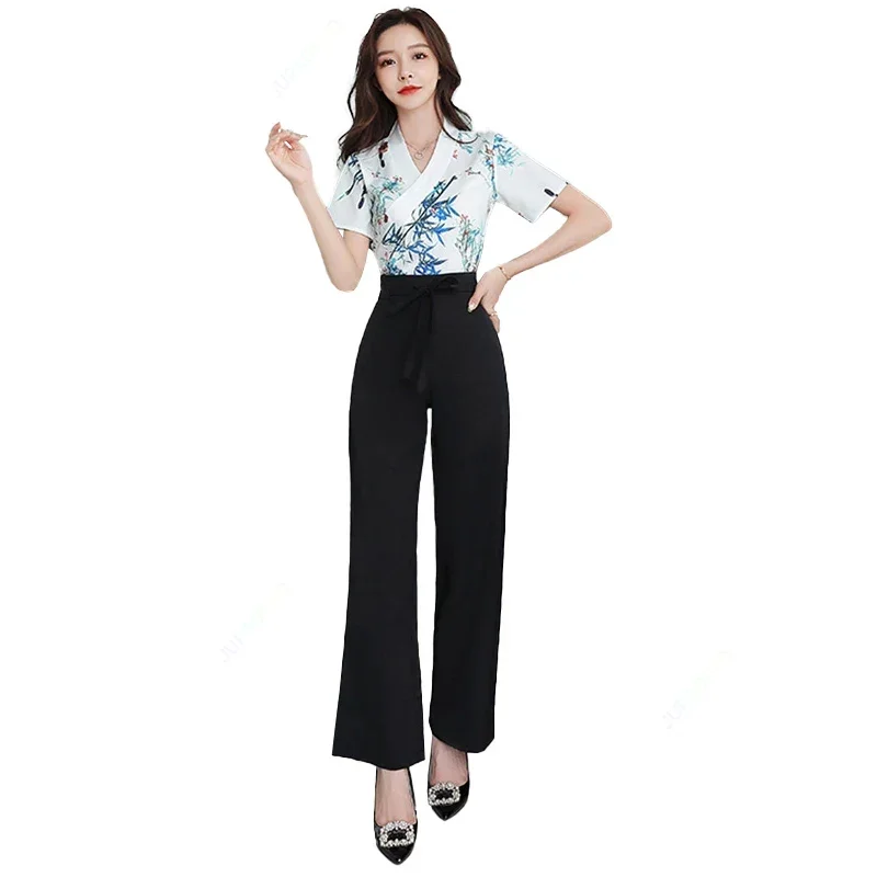 

New High Quality Wholesale Foot Spa Beauty Salon Uniform Set Vintage Short Sleeve Sauna Top Pants Elegant Matte Two Piece Set