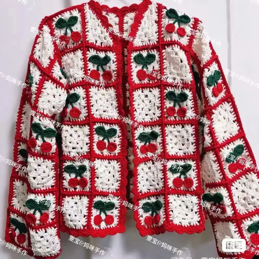 TIYIHAILEY Knitting Crochet Coat Women Hand Made Autumn Outerwear Full Sleeve  Cardigan Hand Made Loose Coat Sweaters Strawberry