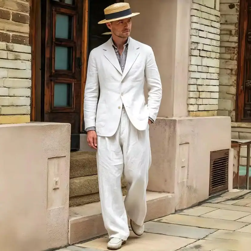 Beige Linen Relaxed Men Suits Wedding Tuxedo Blazer Trousers Prom Suits 2 Pieces 1970s Vintage Style Groom Set ropa hombre