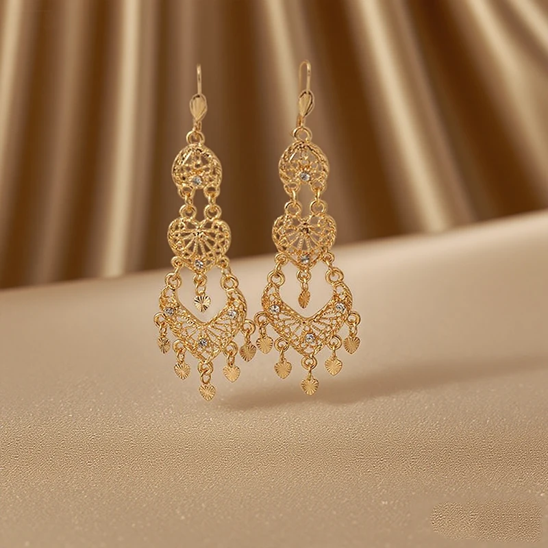 Arabesque Gold Plated Dangle Earrings with Heart Shape Tassels for Women Luxury Wedding Bridal Drop Earring Set