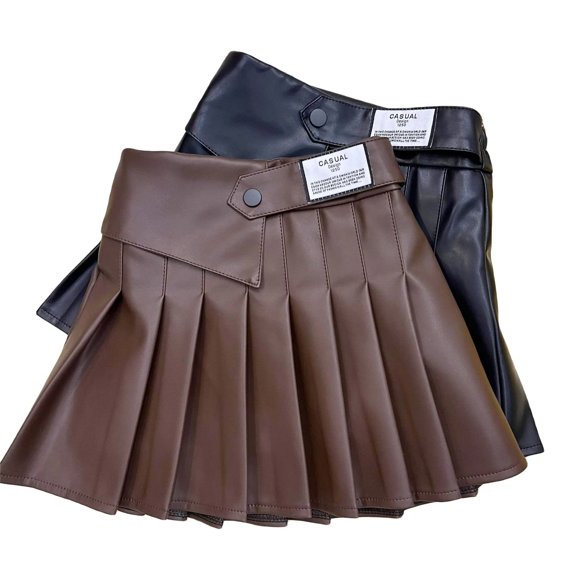 Girls Imitation Leather Skirt Spring and Autumn New Fashion Korean Version of All Flat Waist Wrinkling A Version of Pleated Skir