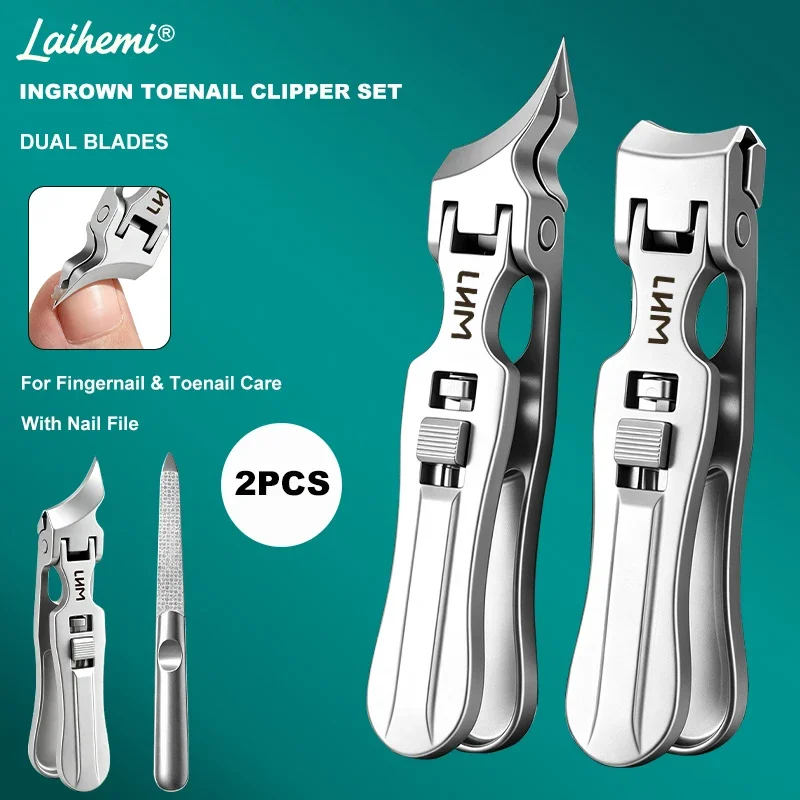 Laihemi Foldable Dual Blade Ingrown Toenail Clippers Wide Jaw Anti-Splash Stainless Steel Nail Trimmer Set with Nail File