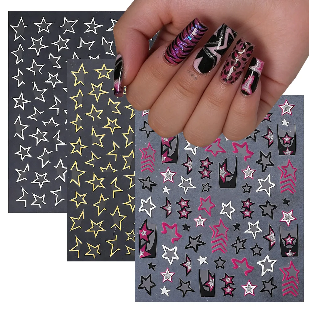 

3Pcs 5D Pink Gold Silver French Hollow Star Nail Stickers Y2K Pentagram Design French Tip Sticker Self Adhesive Nail Art Decals