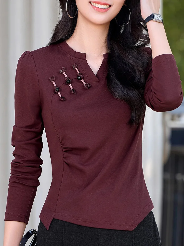 Nieuw Dames Chinese stijl T-shirt met lange mouwen Lente Herfst Mode Kleine V-hals Slanke taille Asymmetrische T-shirts Eenvoud Basic T-shirts
