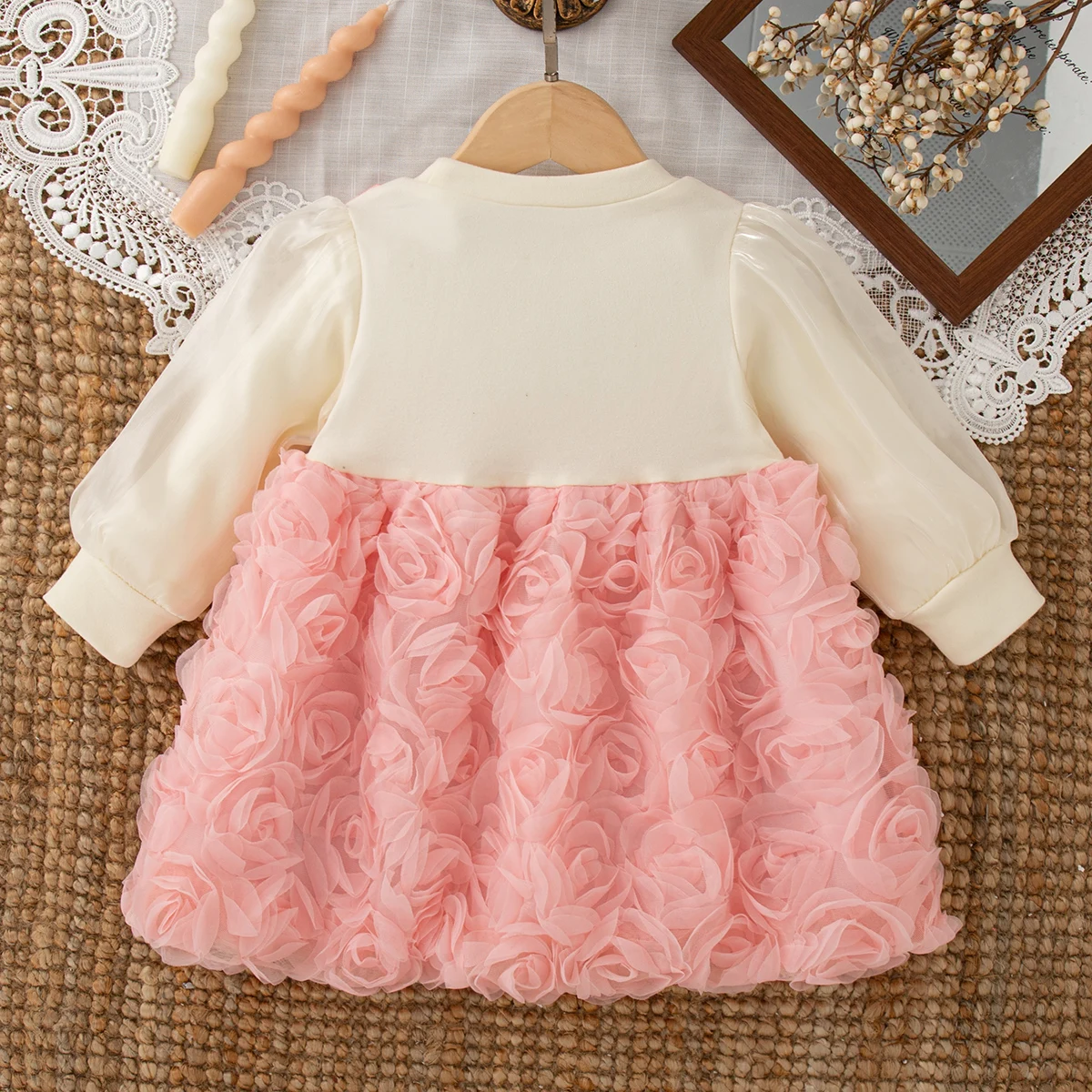 طفلة فستان الربيع والخريف القوس شبكة طويلة الأكمام فستان طفل لطيف الأميرة فتاة فستان طفلة الملابس #4