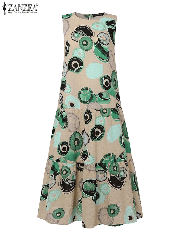 

ZANZEA Cotton Linen Abstract Circle Print A-Line Dress Woman Summer Fashion O-Neck Sleeveless Tiered Robes Casual Midi Vestidos
