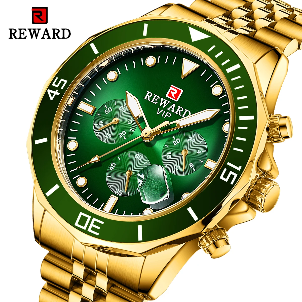 REWARD Gold Green Men's Watches Stainless Steel Band Fashion Business Quartz Watch Relogio Masculino Wristwatch For Men Gift