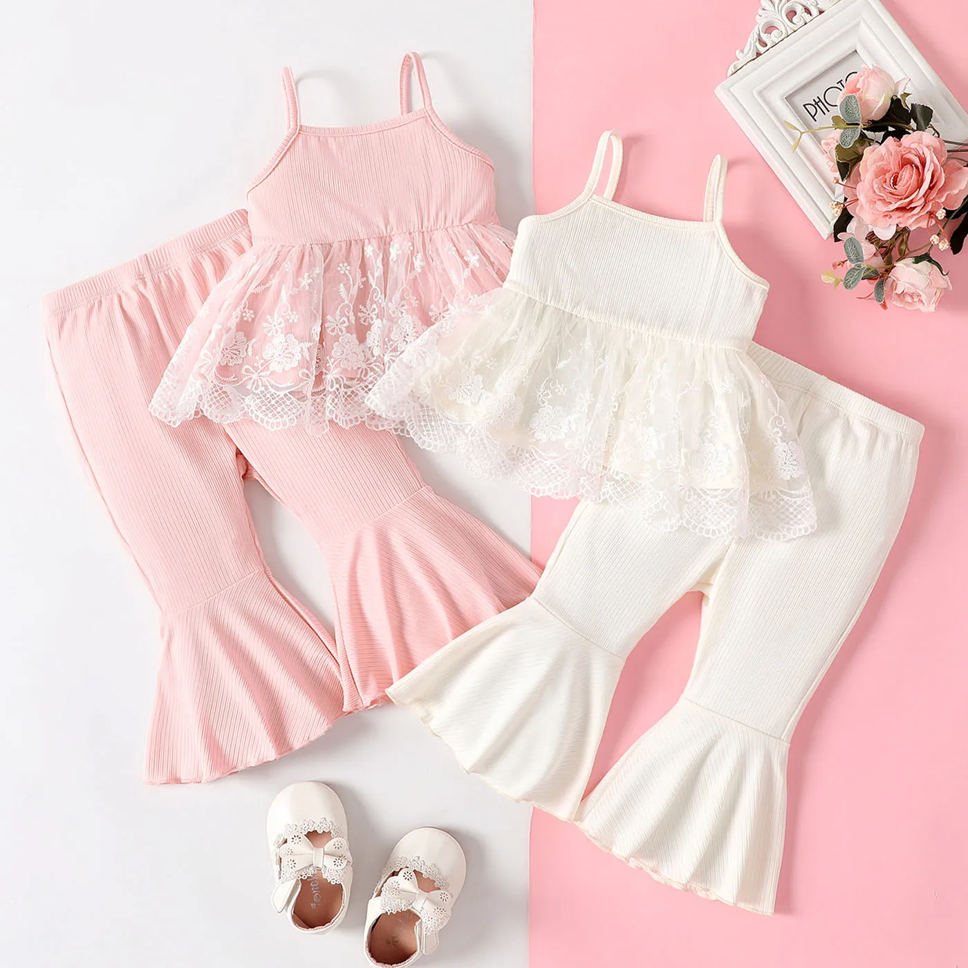 

PatPat 2pcs Baby Girl Lace Ruffle Hem Rib-knit Cami Top and Flared Pants Set