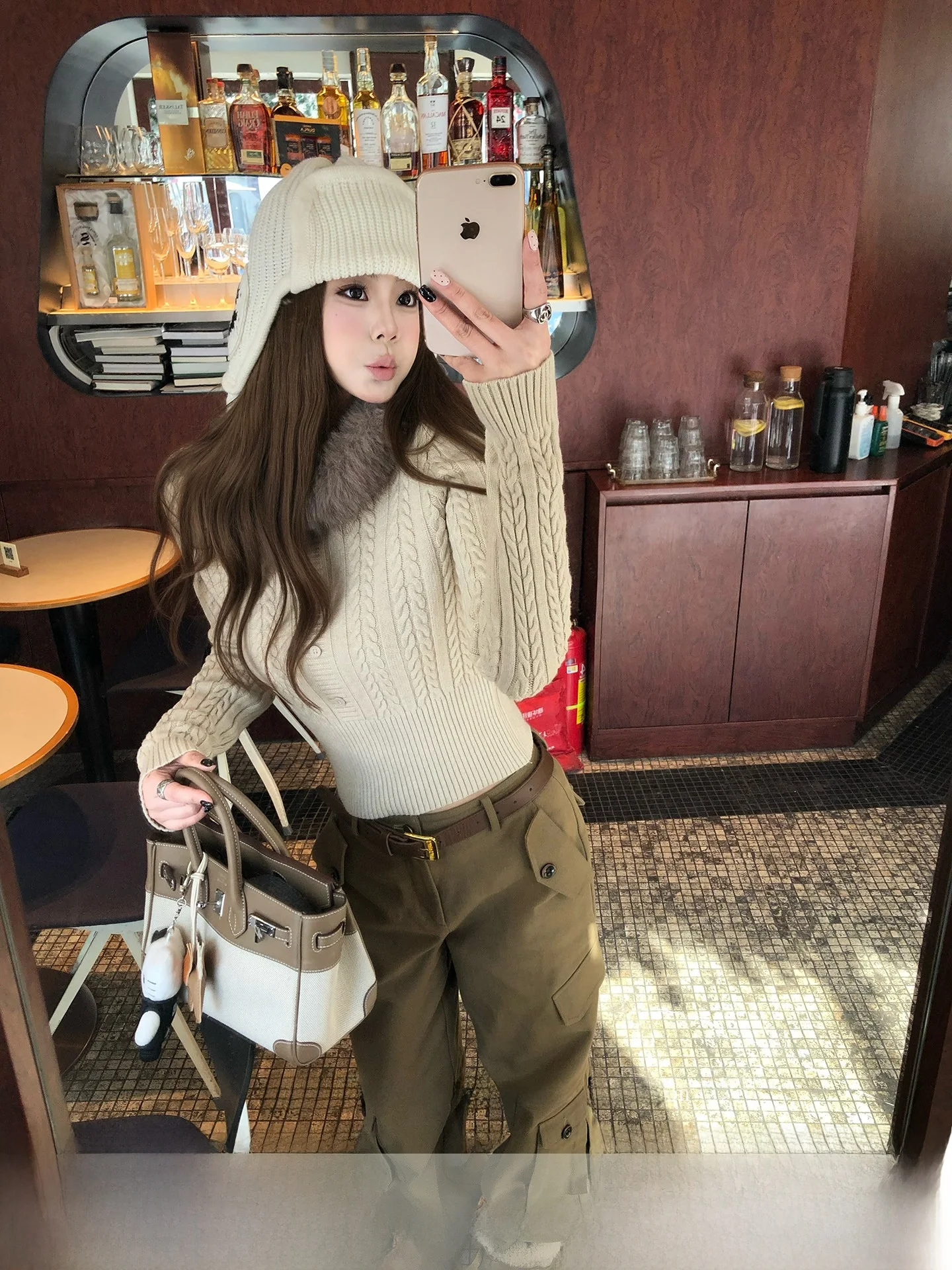 

Real Changing White Plum Truffle Twisted Knit Sweater Women's Slim Fit Removable Fur Collar Casual Sle Long Sve Winter Top