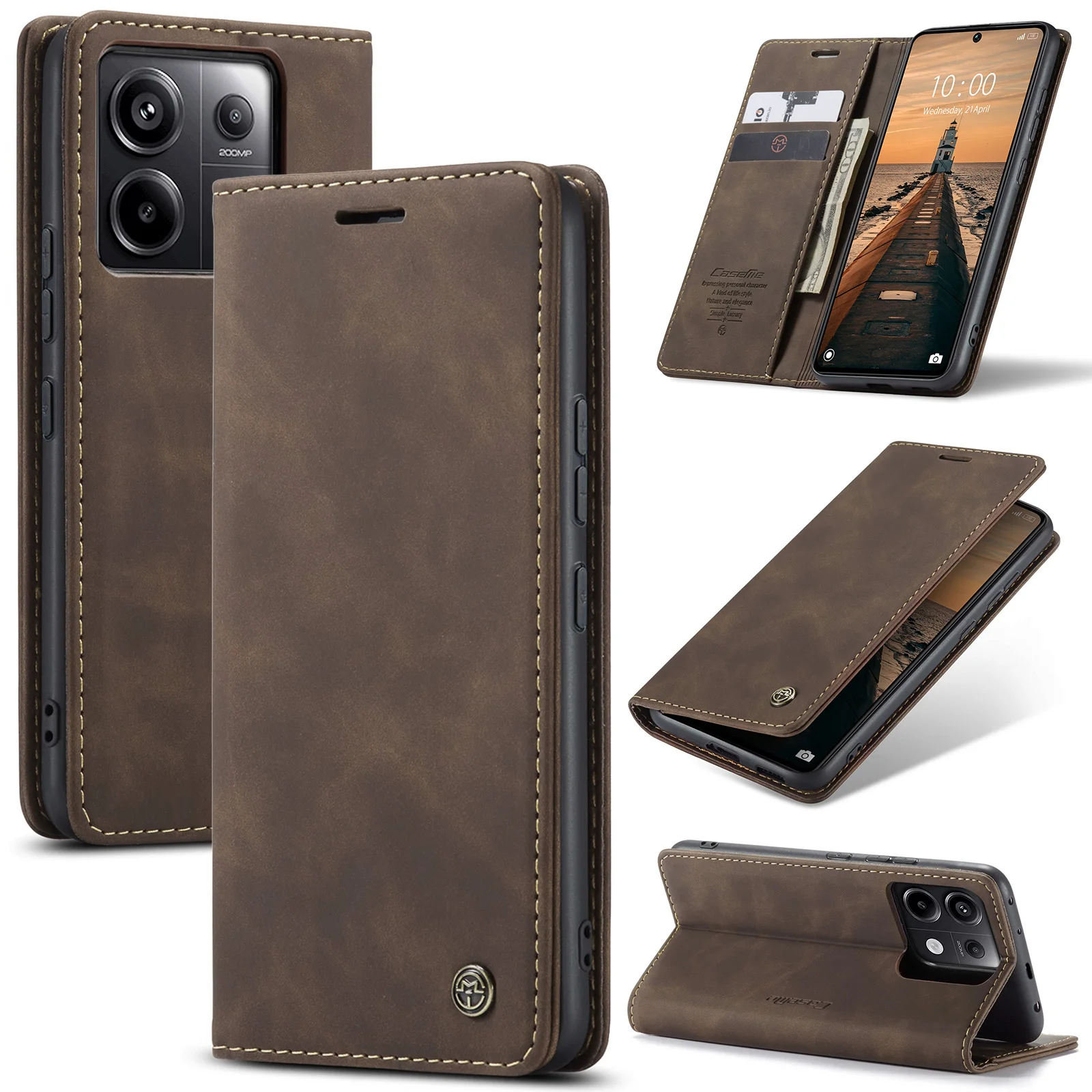 

For Redmi Note 13 12 13c Pro Plus + Poco X5 X6 C65 M6 CaseMe Flip Stand Leather Wallet Case Protector Slots Buckle Stand Cover