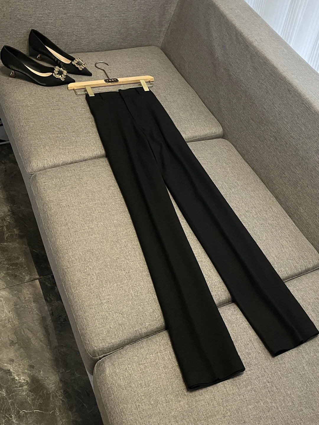 

Черные шерстяные костюмные брюки, женские облегающие прямые широкие брюки, осень-зима, новинка, смесь хлопка с высокой талией