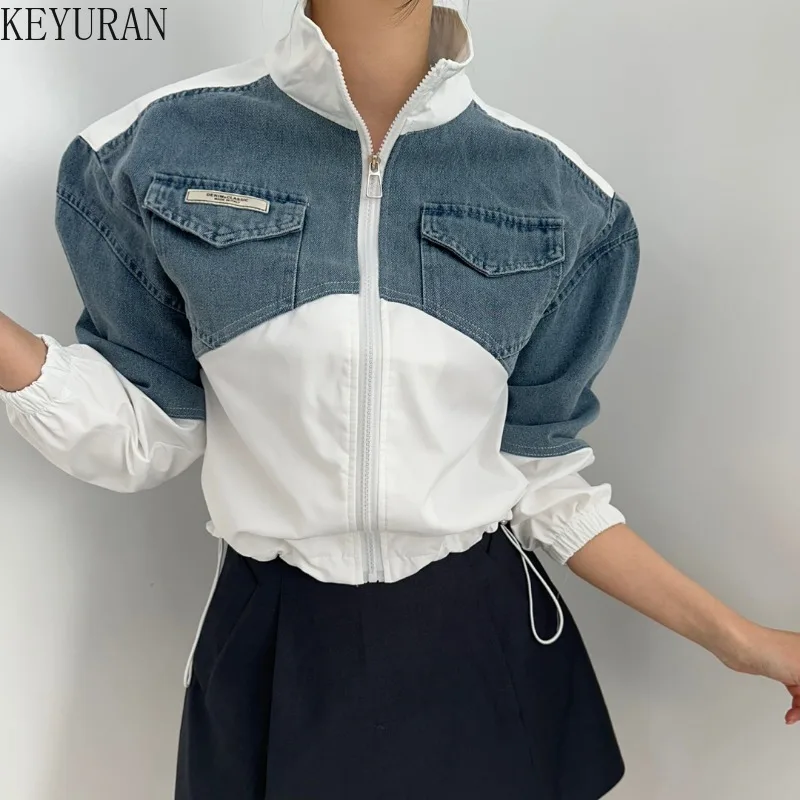 2024 Spring Korean Chic Retro Color Contrast Patchwork Denim Jacket Coat Women Clothes Casual Loose Long Sleeve Crop Tops Female