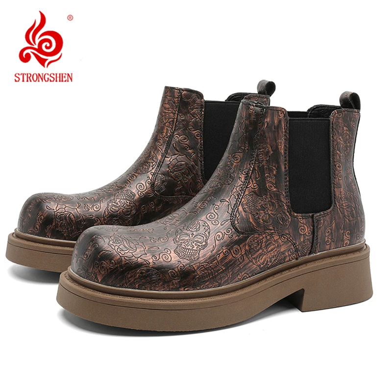 メンズチェルシーブーツ高級靴デザイナービジネスレザーファッションプリントカジュアルアンクルブーツ多用途手作り男性ツーリングシューズ