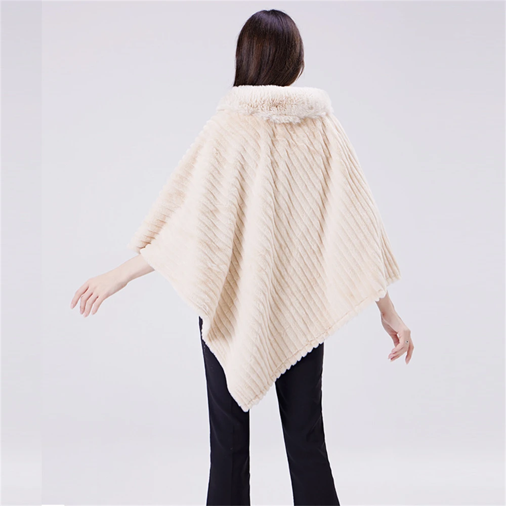 Autumn Winter Warm Faux Fur Collar Cloak Women Large Size Pullover Shawl Ladies Fashion Elegant Cape Solid Color Tops Coat Gift