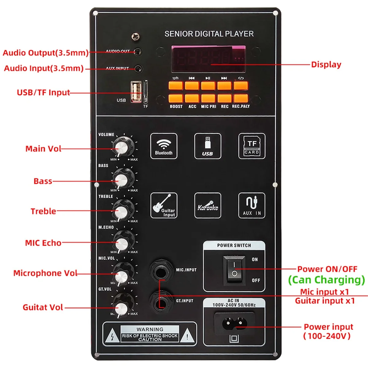 ลำโพงสำหรับเต้นบอร์ดแอมป์บลูทูธเหลี่ยม12V 100W, ลำโพงรองรับ AUX TF-Card U-Disk ขนาด6-12นิ้ว