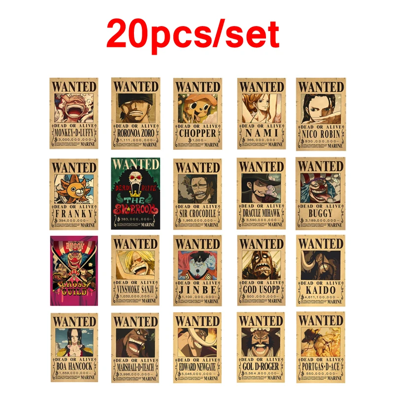 20Pcs One Piece Bounty Wanted Posters Luffy Kraft Paper Poster Figures Living Room Wall Decor Decorative Painting Kid Toy Gift