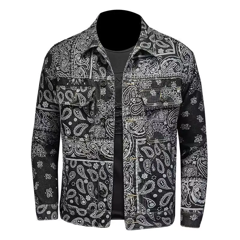 

Fashionable new black gray men's denim top with washed water and nostalgic letter print, unisex denim top