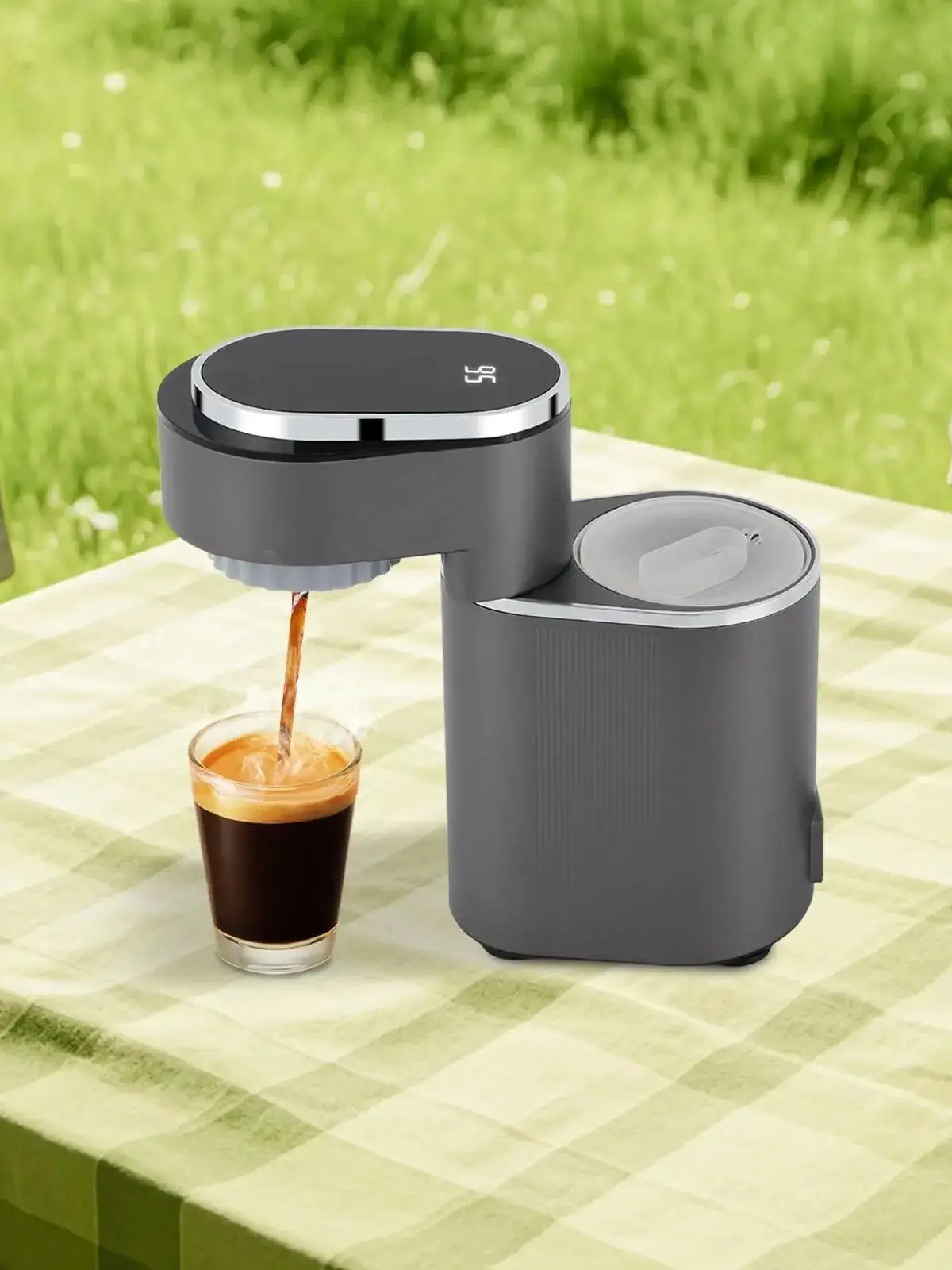 150 ml Mini-Kaffeemaschine, 600 W, tragbar, grau, Reise-Espressomaschine, 15 bar, 85–95 ℃   Kaffee-Latte-Maschine mit Touchscreen-Panel