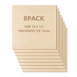 12 X 12 Inch - 3Mm Basswood Sheets Plywood Sheets, 8Pcs Square Unfinished Wood Board for DIY Crafts, Laser Cutting