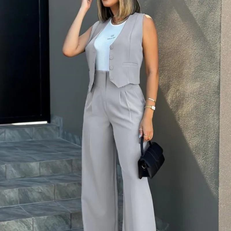 Women\'s Casual Waistcoat Wide Leg Pants Suit Elegant Sleeveless Vest Trousers 2 Pieces Set Solid Color Commuter Lady Pants Set