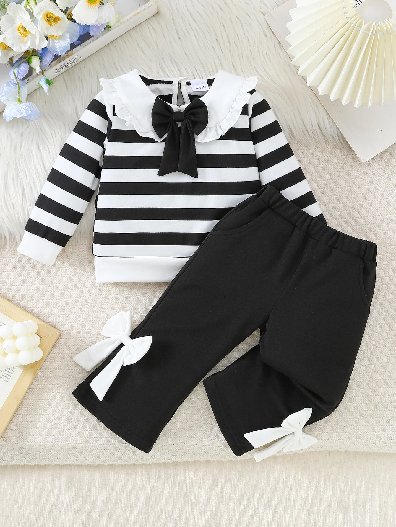 6M-3Y Baby Girls 2 Piece Outfit Ruffle Collar Bow Striped Long Sleeve Top & Bow Flare Pants Spring Autumn Clothes