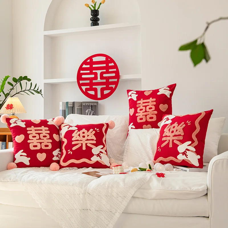 Chinese Style Cushion Cartoon Pillow, Jade Rabbit, Happy Holiday, Sofa Room Decoration, New Year's Day, Wedding, Red Pillowcase