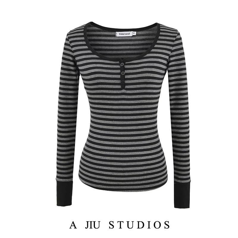 スリムフィット長袖UネックTシャツ レディースインナーウェア セクシーストリートスタイル ブラックグレーストライプ ショルダーレングス アメリカンレトロトップ 1