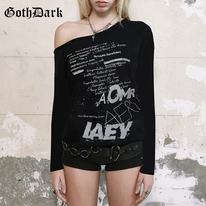 

Goth Dark Cyber Y2K Chic Letter Print Long Sleeve T-shirts Women Casual Streetwear Mall Gothic Skew Collar Basic Pullovers Tops