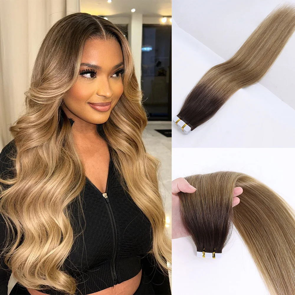 

Коричневые человеческие волосы с эффектом омбре, лента для наращивания волос Balsyage, светлые волосы, бесшовные, из искусственной кожи, уток, натуральные прямые волосы, 18 дюймов