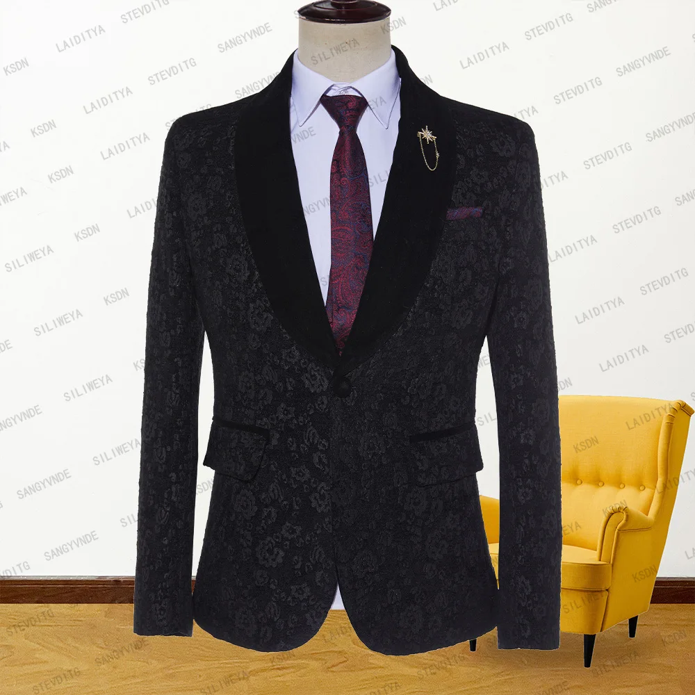 2023 New Arrival Men Business Casual Wedding Black Velvet Classic Flower Pattern Male Jacket Fashion Slim Fit Suit Blazers Coat