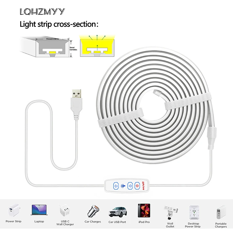 Low Voltage 5V, Usb-Powered Cob Neon Led Light Strip, with Three-Button Switch, Can Control Light Brightness, Waterproof Flexible Led Strip, Suitable for Cabinet, Wardrobe, Sofa, Bed Edge Lighting, Bedroom Ceiling, Hal - view 4