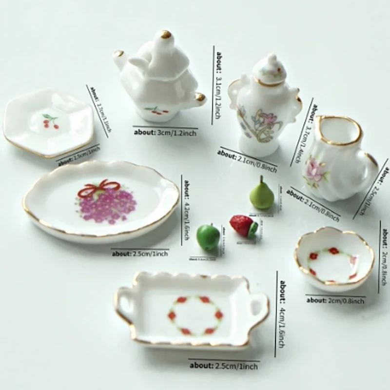 Mini kit de chá de cerâmica em miniatura, chaleira de simulação, modelo de brinquedo 1:12, acessórios para casa de bonecas, decoração de casa de boneca